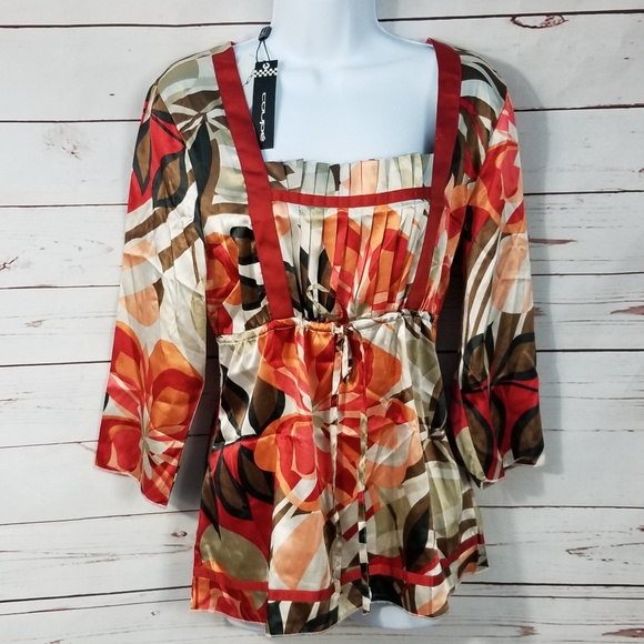 Coupe Tops - Coupe Womens Large Vibrant Blouse Pleat Drawstring
